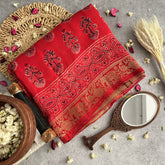 Vriksham Red With Tree Print Ajrakh Dola Silk Saree-VS4380